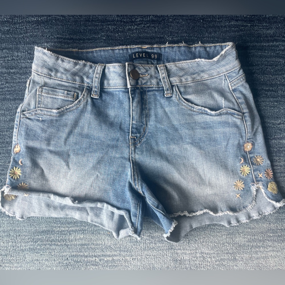 Level 99 Light Blue Denim Shorts with Embroidered Flowers